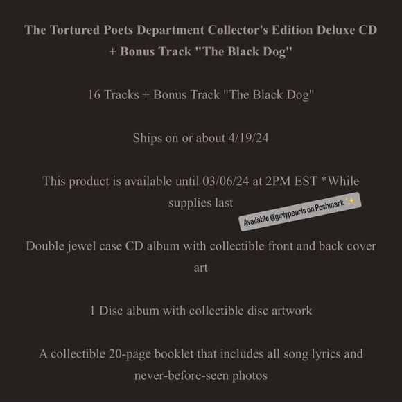 Taylor Swift The Tortured Poets Department Collector's CD + "The Black Dog” NEW - Picture 6 of 7